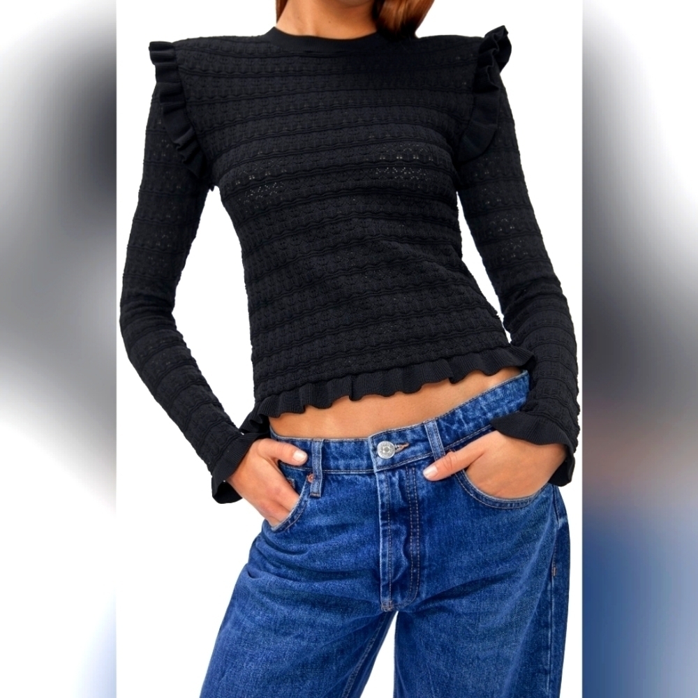 Zara Black Ruffle-Trim Knit Long Sleeve Top